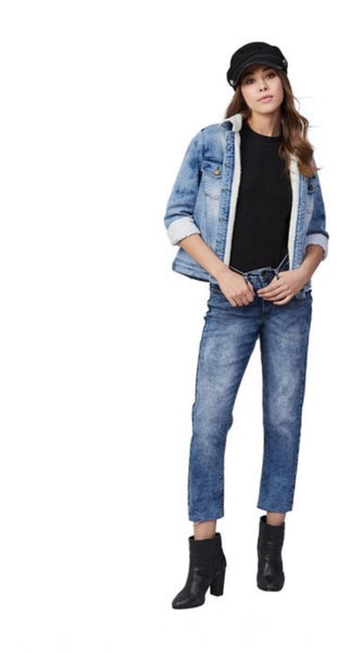 Mayawye Women's Denim Washed Long Sleeve Jacket (Blue)