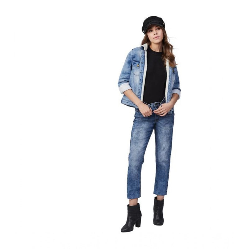 Mayawye Women's Denim Washed Long Sleeve Jacket (Blue)