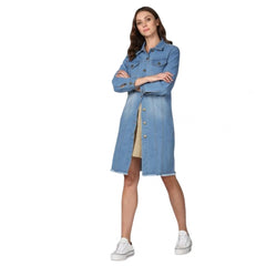 Mayawye Women's Denim Washed Long Sleeve Jacket (Blue)