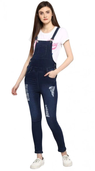 Mayawye Women's Denim Solid Dungaree Pant (Blue)