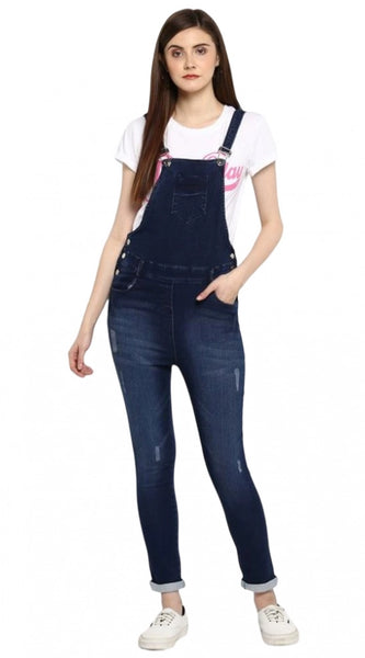 Mayawye Women's Denim Distressed Dungaree Pant (Blue)