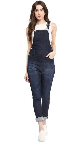 Mayawye Women's Denim Solid Dungaree Pant (Blue)