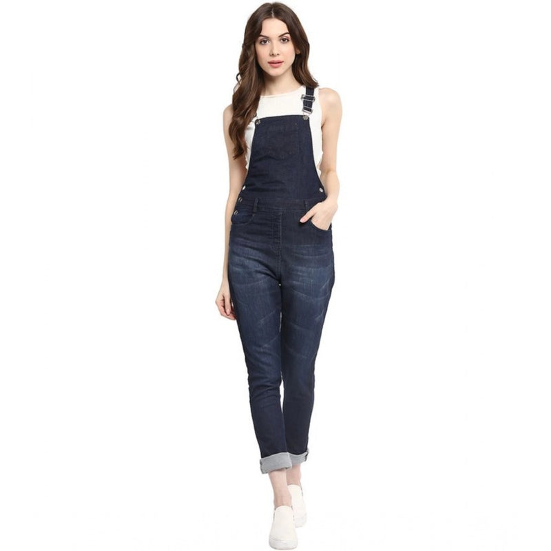 Mayawye Women's Denim Solid Dungaree Pant (Blue)