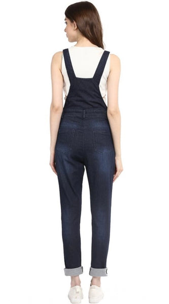Mayawye Women's Denim Solid Dungaree Pant (Blue)