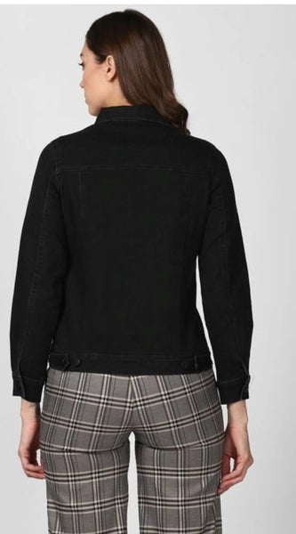 Mayawye Women's Denim Solid Long Sleeve Jacket (Black)