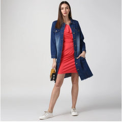Mayawye Women's Denim Washed Long Sleeve Jacket (Navy Blue)