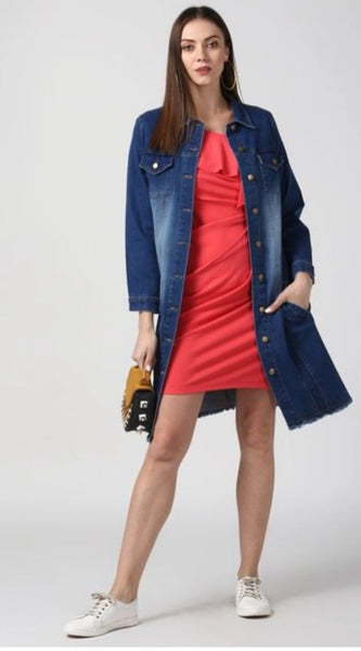 Mayawye Women's Denim Washed Long Sleeve Jacket (Navy Blue)
