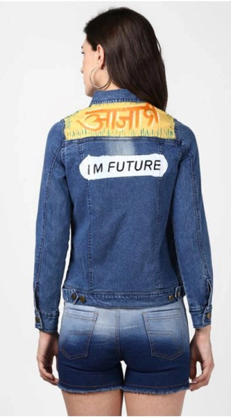 Mayawye Women's Denim Hand Painted Long Sleeve Jacket (Blue)
