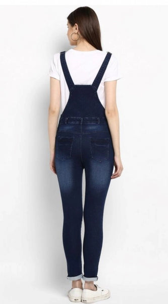 Mayawye Women's Denim Distressed Dungaree Pant (Blue)