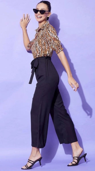 Mayawye Women's Polyester Animal Print Half Sleeve Jumpsuit (Orange - Black)
