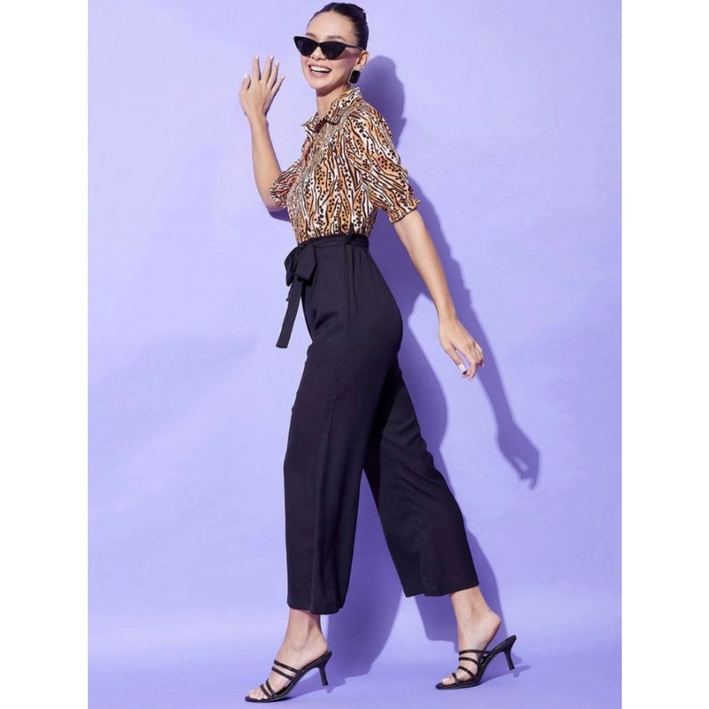 Mayawye Women's Polyester Animal Print Half Sleeve Jumpsuit (Orange - Black)