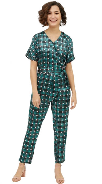 Mayawye Women's Polyester Polka Short Sleeve Jumpsuit (Green)