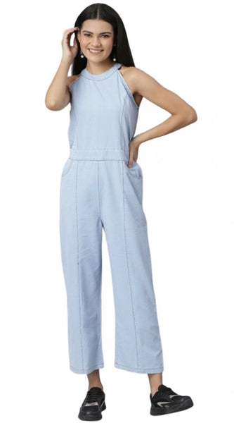 Mayawye Women's Denim Self Design Sleeveless Jumpsuit (Blue)
