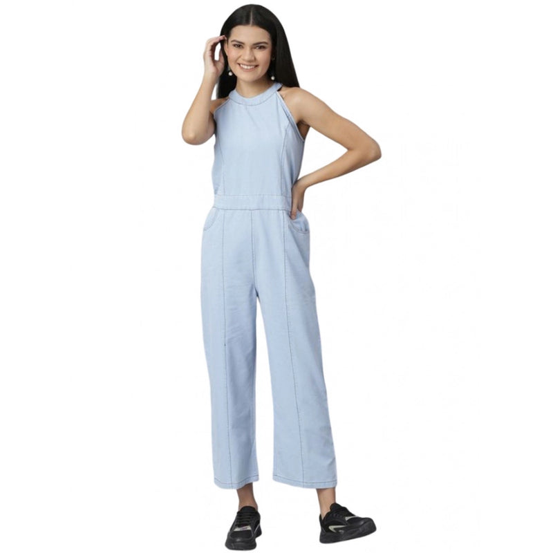 Mayawye Women's Denim Self Design Sleeveless Jumpsuit (Blue)