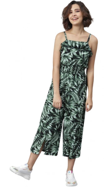 Mayawye Women's Polyester Printed Shoulder Straps Jumpsuit (Black - Green)