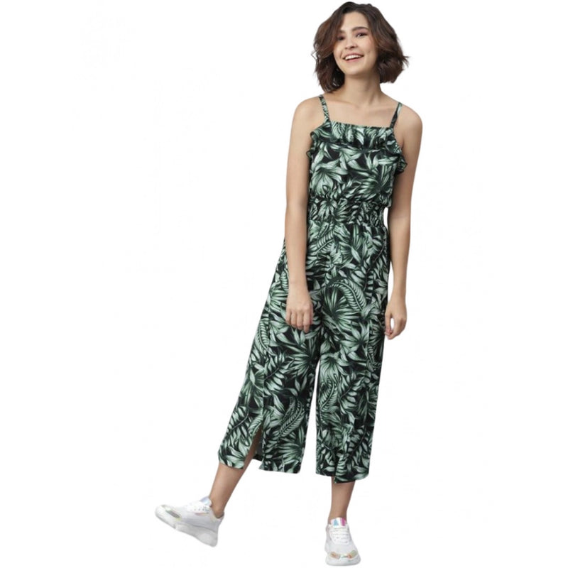 Mayawye Women's Polyester Printed Shoulder Straps Jumpsuit (Black - Green)