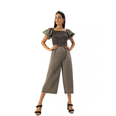 Mayawye Women's Denim Solid Balloon Sleeve Jumpsuit (Black)