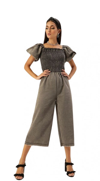 Mayawye Women's Denim Solid Balloon Sleeve Jumpsuit (Black)
