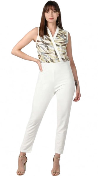 Mayawye Women's Polyester Embellished Sleeveless Jumpsuit (White)