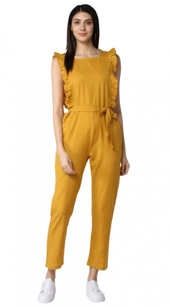 Mayawye Women's Cotton Linen Solid Sleeveless Jumpsuit (Yellow)