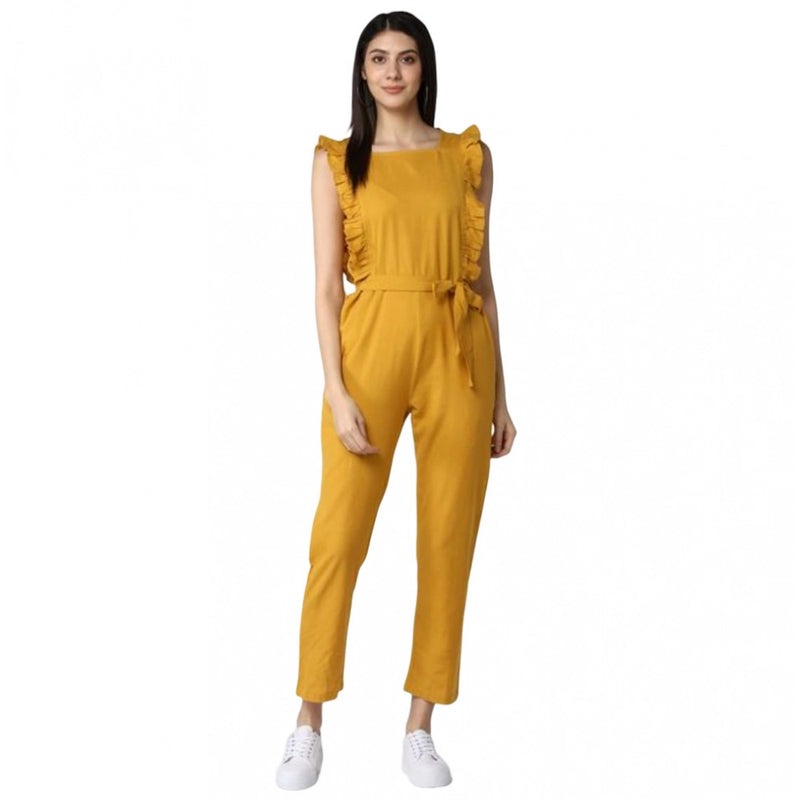 Mayawye Women's Cotton Linen Solid Sleeveless Jumpsuit (Yellow)