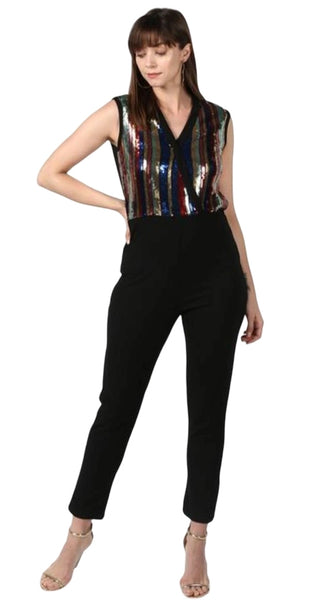 Mayawye Women's Polyester Embellished Sleeveless Jumpsuit (Black)
