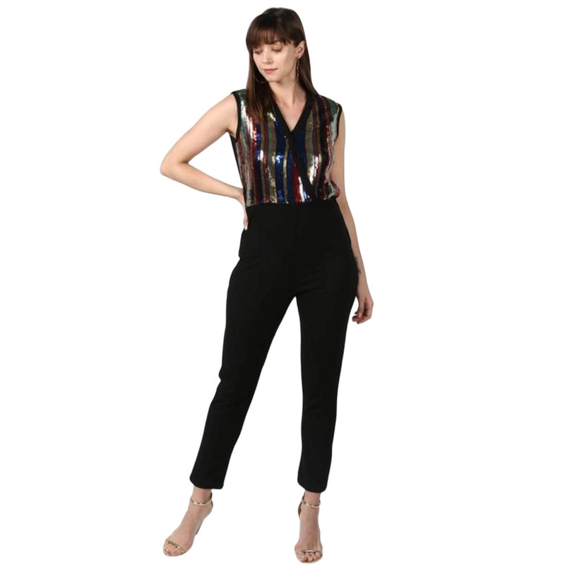 Mayawye Women's Polyester Embellished Sleeveless Jumpsuit (Black)