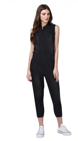 Mayawye Women's Denim Solid Sleeveless Jumpsuit (Black)
