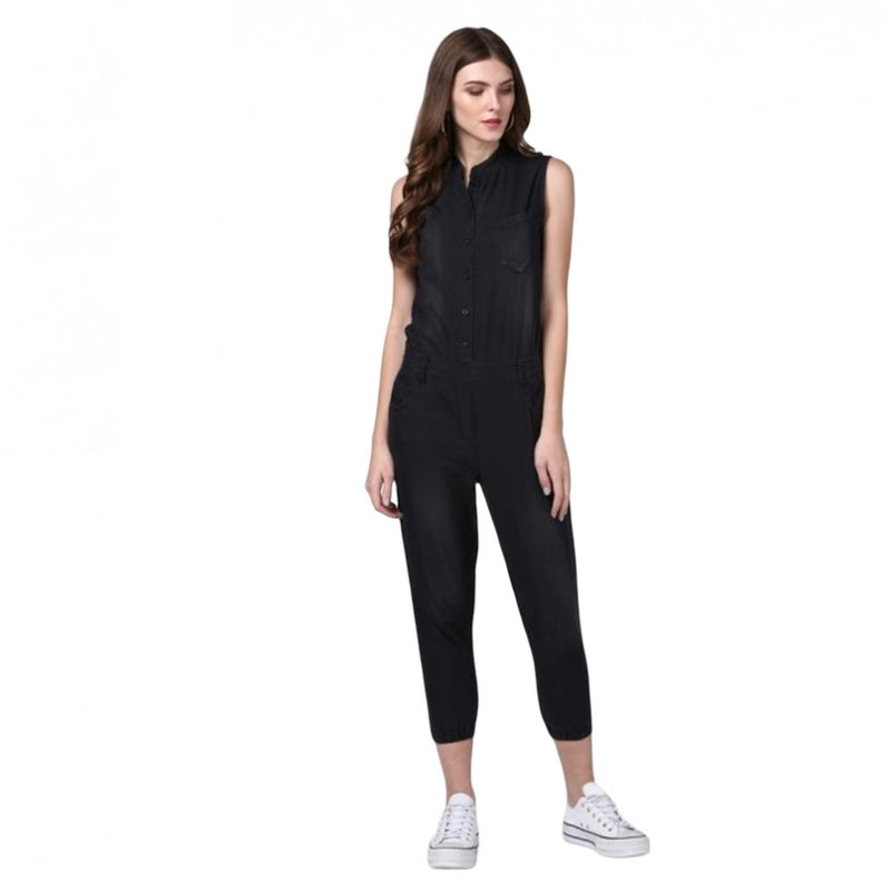 Mayawye Women's Denim Solid Sleeveless Jumpsuit (Black)