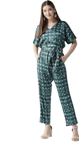 Mayawye Women's Polyester Polka Half Sleeve Jumpsuit (Green)