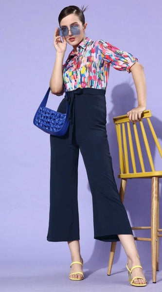 Mayawye Women's Polyester Printed 3/4th Sleeve Jumpsuit (Multicolor - Navy)