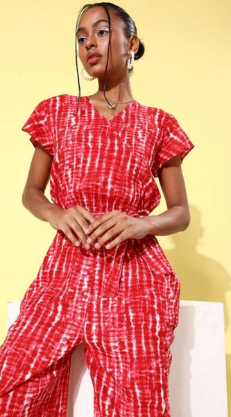 Mayawye Women's Rayon Tie & Dye Short Sleeve Jumpsuit (Red)