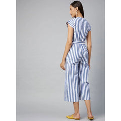 Mayawye Women's Cotton-Polyester Blend Striped Short Sleeve Jumpsuit (Blue)