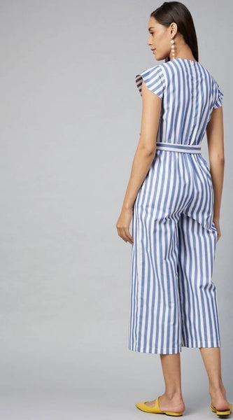 Mayawye Women's Cotton-Polyester Blend Striped Short Sleeve Jumpsuit (Blue)