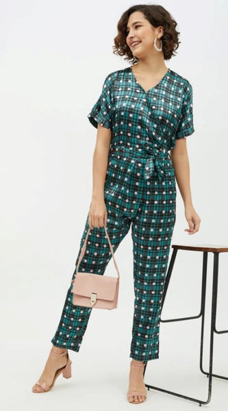 Mayawye Women's Polyester Polka Short Sleeve Jumpsuit (Green)