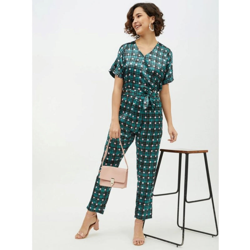 Mayawye Women's Polyester Polka Short Sleeve Jumpsuit (Green)