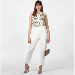 Mayawye Women's Polyester Embellished Sleeveless Jumpsuit (White)