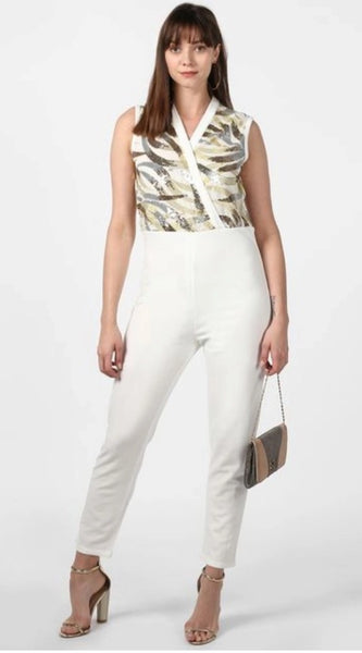 Mayawye Women's Polyester Embellished Sleeveless Jumpsuit (White)