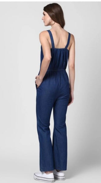 Mayawye Women's Denim Solid Shoulder Straps Jumpsuit (Blue)