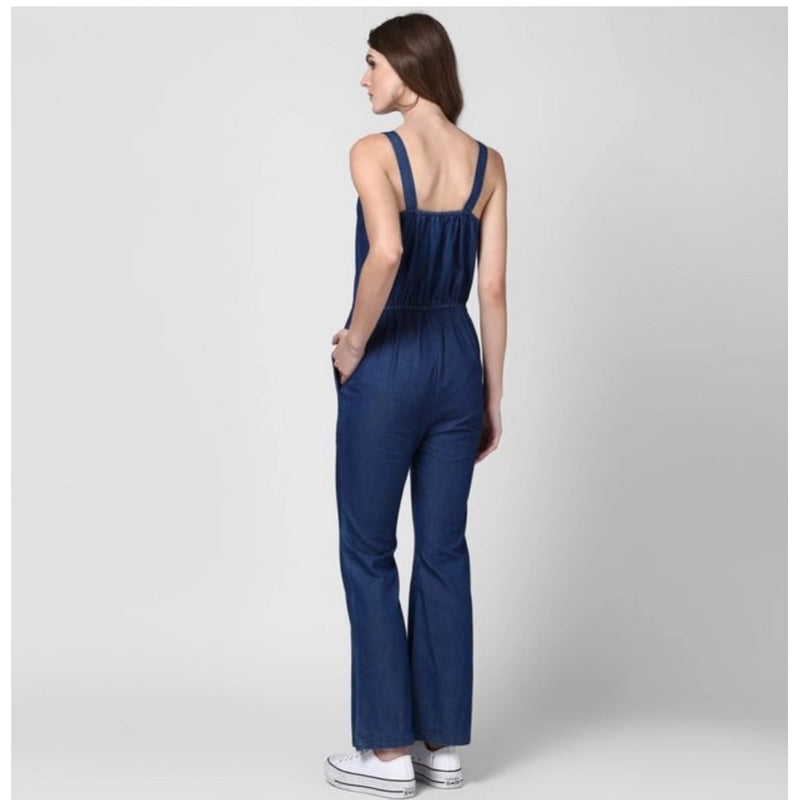 Mayawye Women's Denim Solid Shoulder Straps Jumpsuit (Blue)