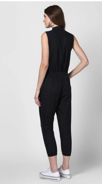 Mayawye Women's Denim Solid Sleeveless Jumpsuit (Black)
