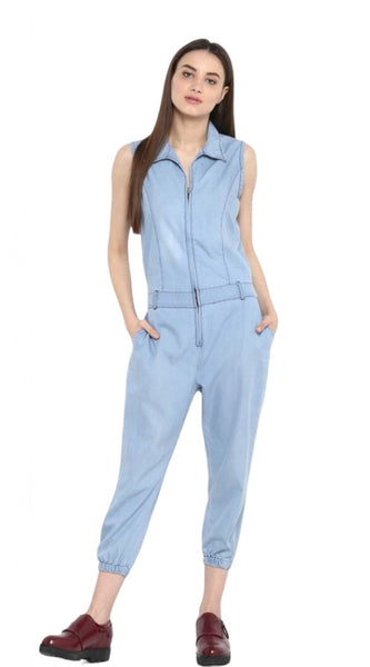 Mayawye Women's Denim Solid Sleeveless Jumpsuit (Blue)