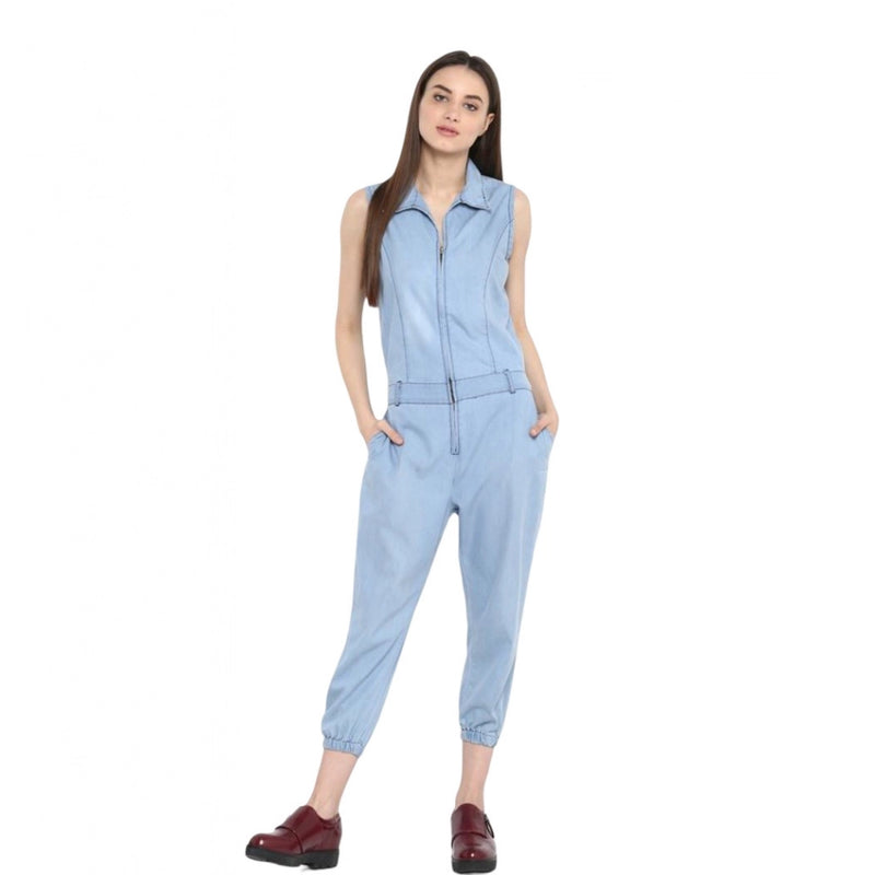 Mayawye Women's Denim Solid Sleeveless Jumpsuit (Blue)