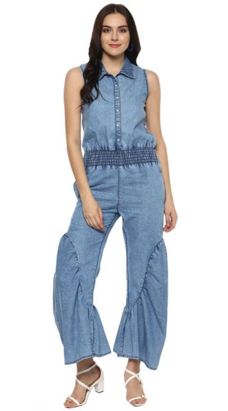 Mayawye Women's Denim Solid Sleeveless Jumpsuit (Blue)