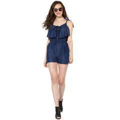 Mayawye Women's Denim Ruffled Shoulder Straps Jumpsuit (Blue)
