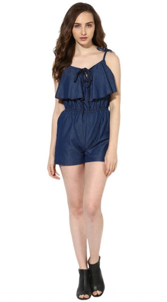 Mayawye Women's Denim Ruffled Shoulder Straps Jumpsuit (Blue)