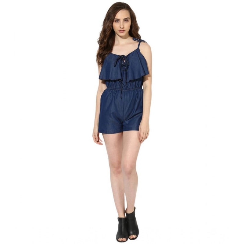 Mayawye Women's Denim Ruffled Shoulder Straps Jumpsuit (Blue)