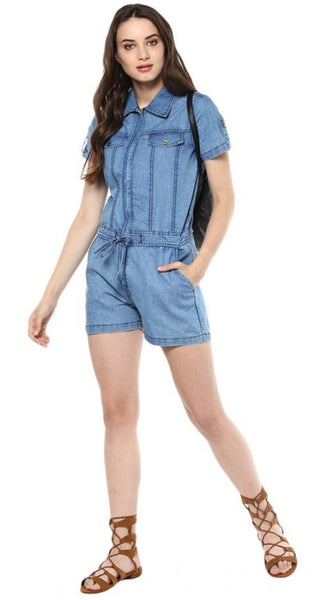 Mayawye Women's Denim Solid Short Sleeve Jumpsuit (Blue)