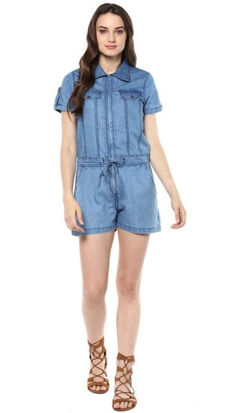 Mayawye Women's Denim Solid Short Sleeve Jumpsuit (Blue)
