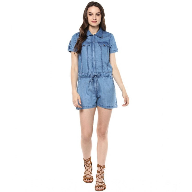 Mayawye Women's Denim Solid Short Sleeve Jumpsuit (Blue)